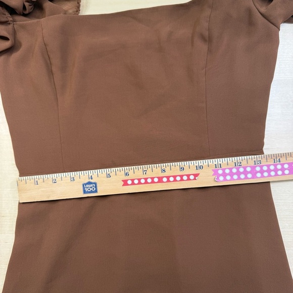 Wilfred Aritzia Emmylou Brown Cognac Square Neck Mini Dress Women’s 10 Chiffon - Picture 10 of 14